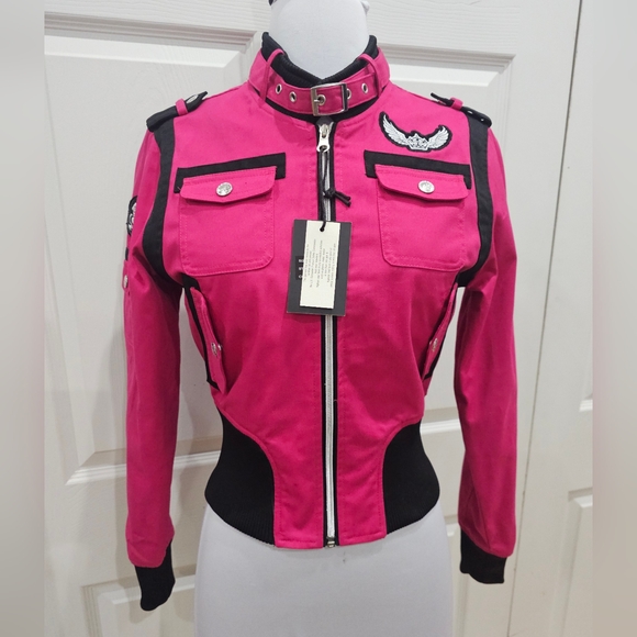~SOLD~ 1 RMT Raw Blue Pink Purple Moto Patch Buckle Collar Zip Up Jacket Coat S - Picture 6 of 16
